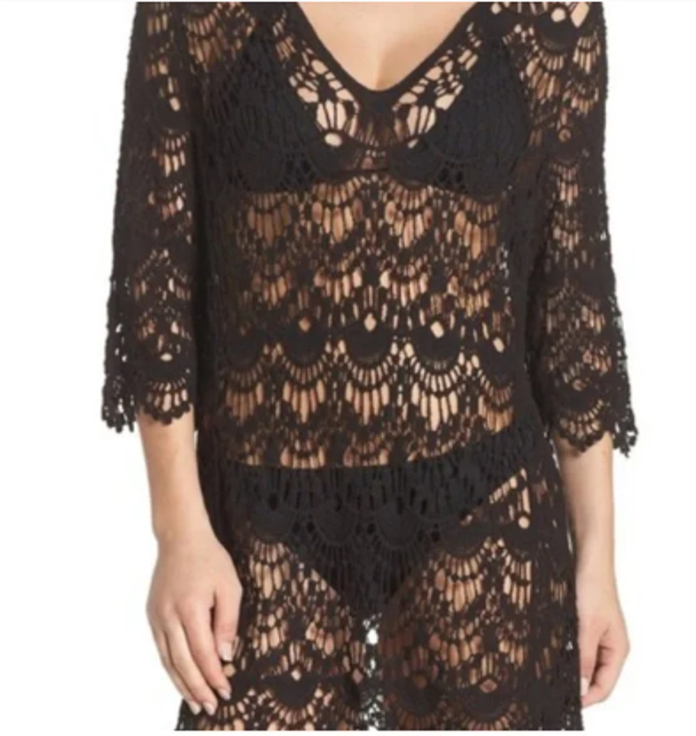 Surf Gypsy Women's Lace Crochet Swim Coverup Dress 3/4 Sleeve Black Size Medium